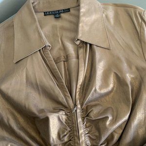 Lafayette 148 New York Lambskin Leather Bronze Gold Ruched Shirt Top size 10